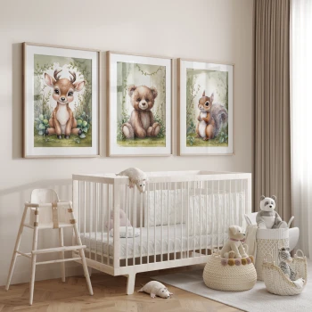 Trzy obrazki do pokoju dziecięcego plakaty miś wywiorka sarenka prezent